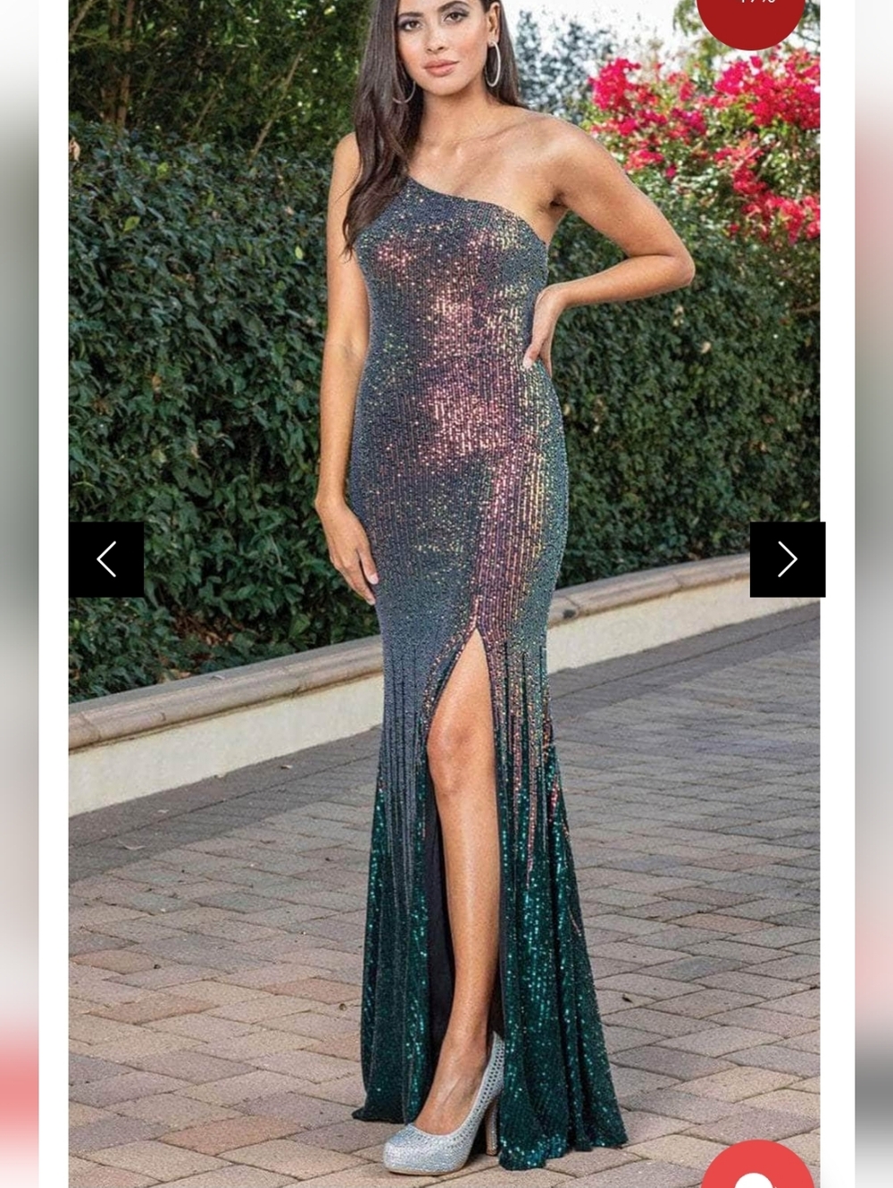 Size XL green and multi one shoulder sequin sheath gown with leg slit by Dancing
